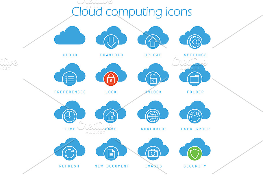 Cloud computing. 16 icons. Vector