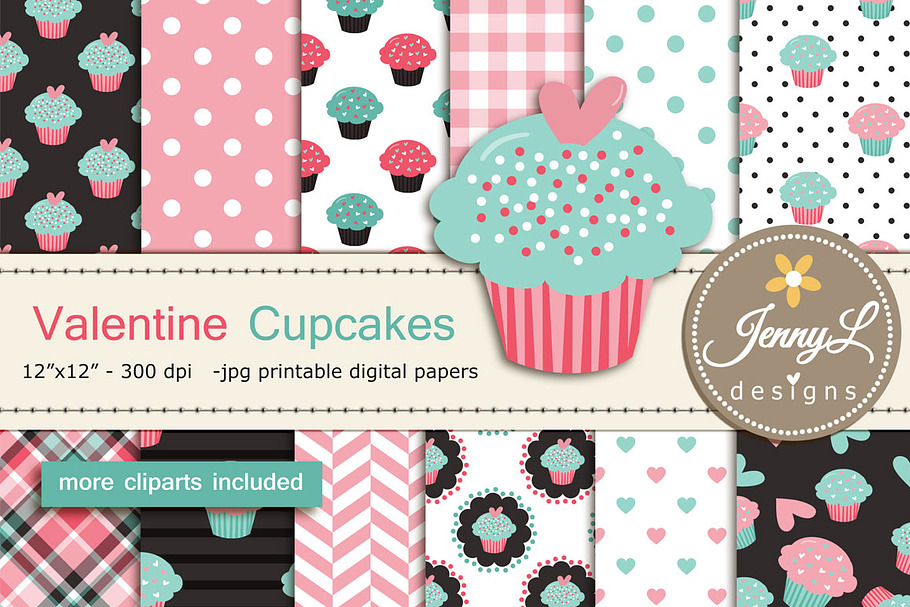 Valentine Cupcakes Digital Papers  in Patterns - product preview 8