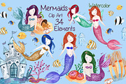 Watercolor Mermaids clip art