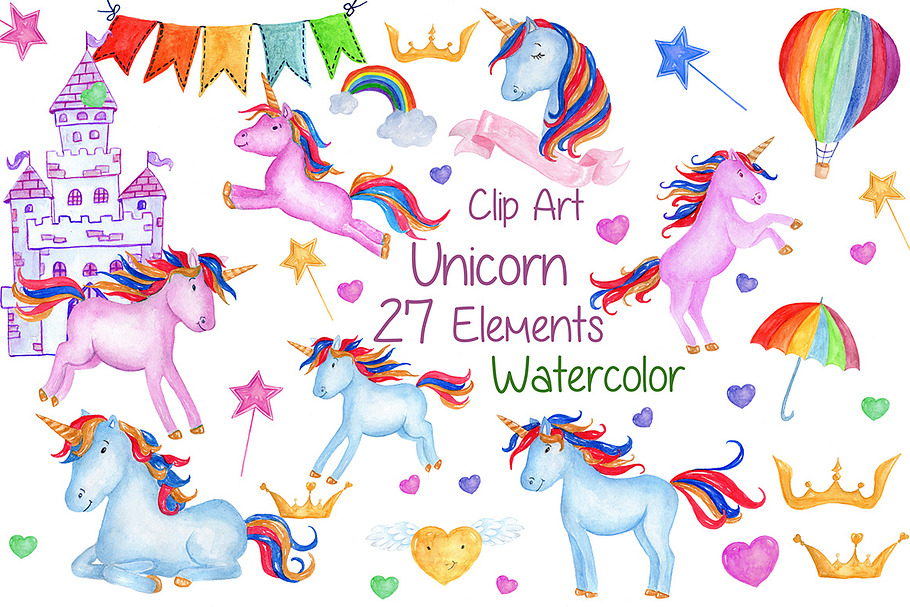 Watercolour Unicorns Clip Art in Illustrations - product preview 8