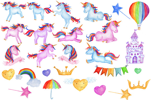 Watercolour Unicorns Clip Art in Illustrations - product preview 1