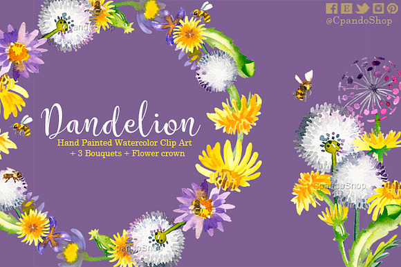  Dandelion floral watercolor clipart in Illustrations - product preview 2