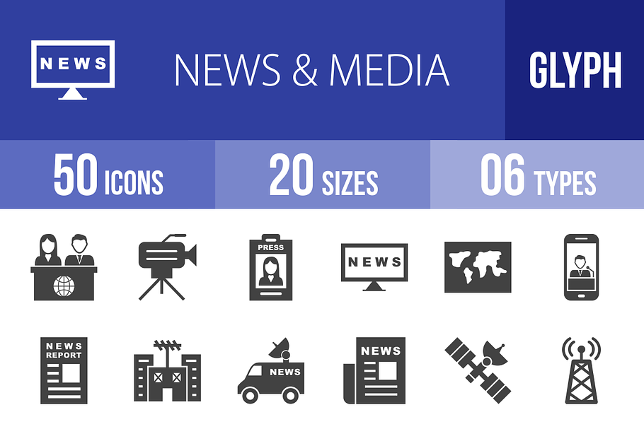 50 News & Media Glyph Icons