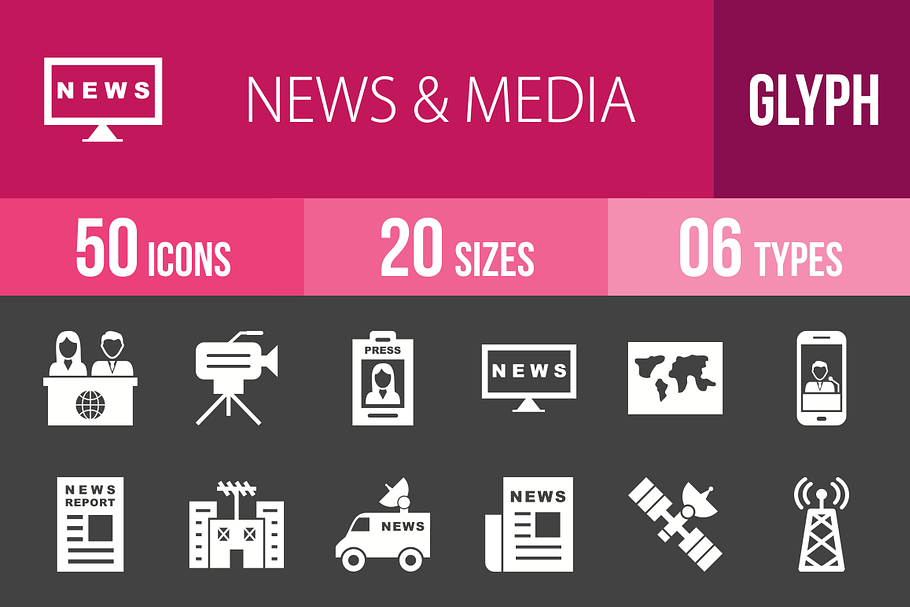 50 News & Media Glyph Inverted Icons