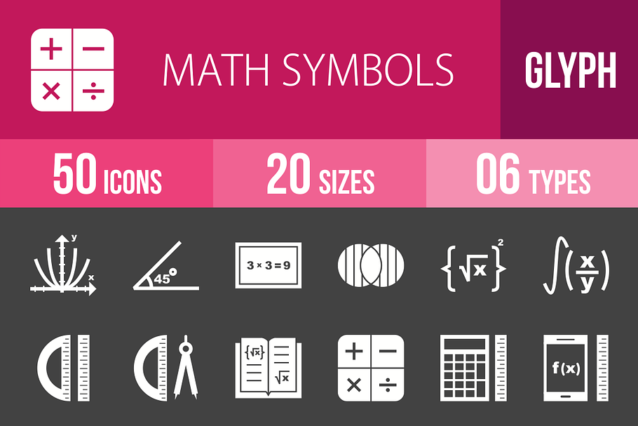 50 Math Symbols Glyph Inverted Icons