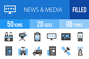 50 News & Media Blue & Black Icons