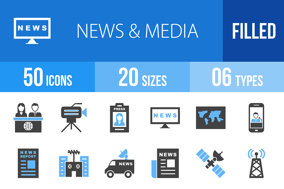 50 News & Media Blue & Black Icons in Graphics - product preview 8