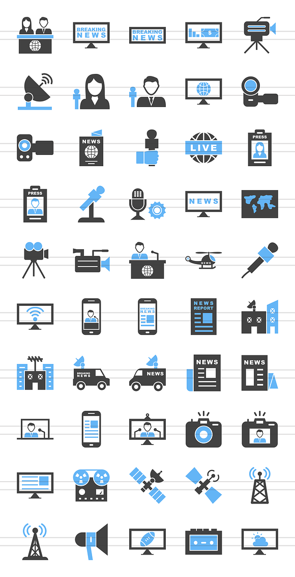 50 News & Media Blue & Black Icons in Graphics - product preview 1