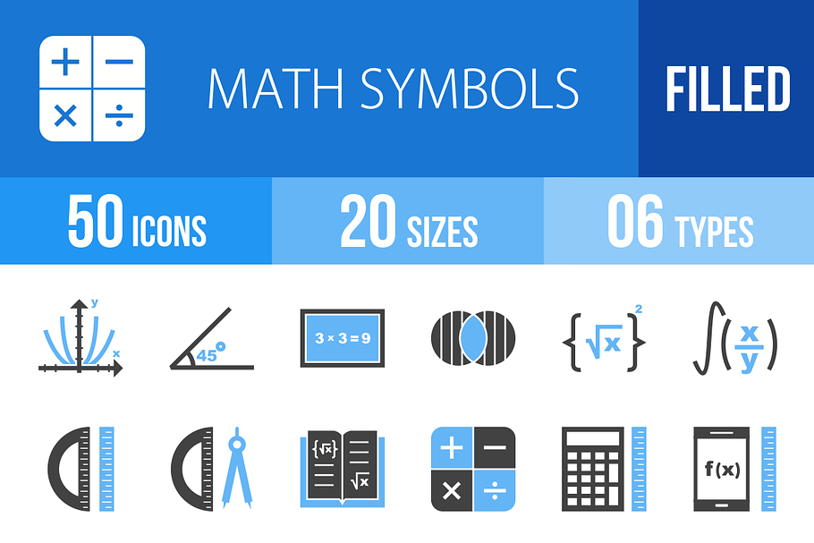 50 Math Symbols Blue & Black Icons