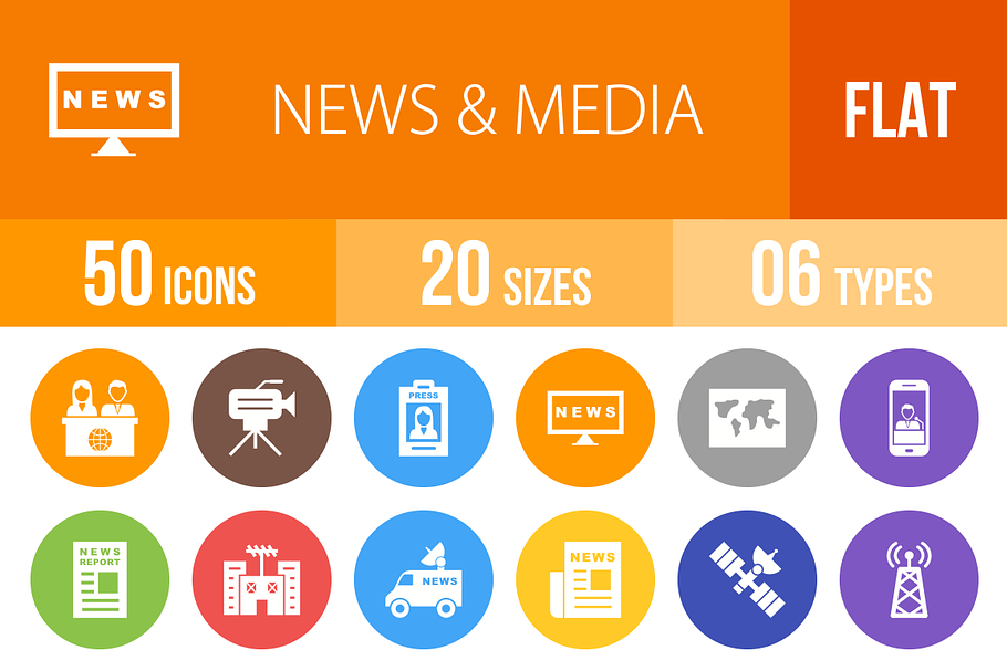 50 News & Media Flat Round Icons in Graphics - product preview 8
