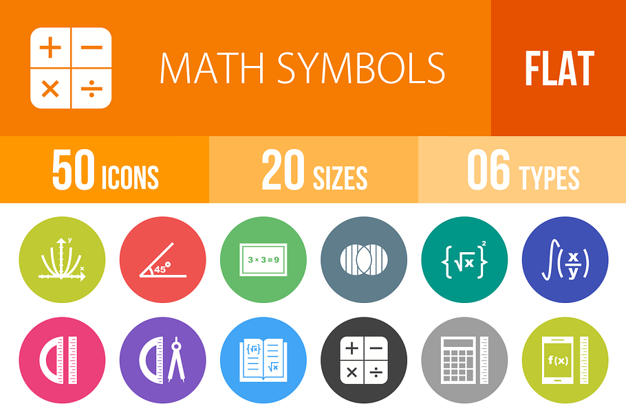 50 Math Symbols Flat Round Icons