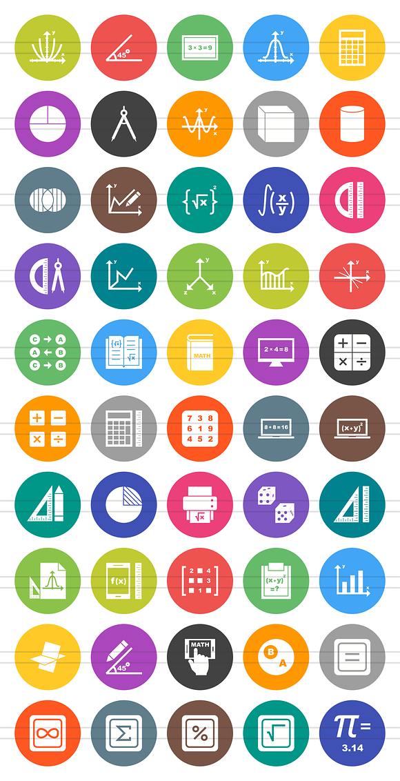 50 Math Symbols Flat Round Icons in Graphics - product preview 1