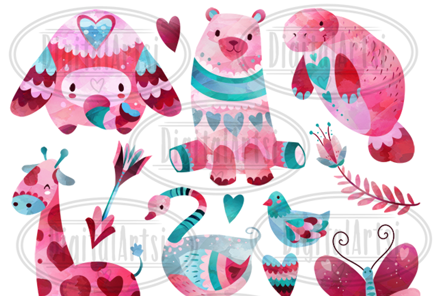 Valentines Day Animals Clipart in Illustrations - product preview 8