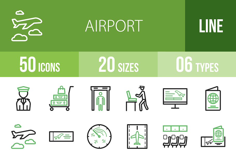 50 Airport Line Green & Black Icons