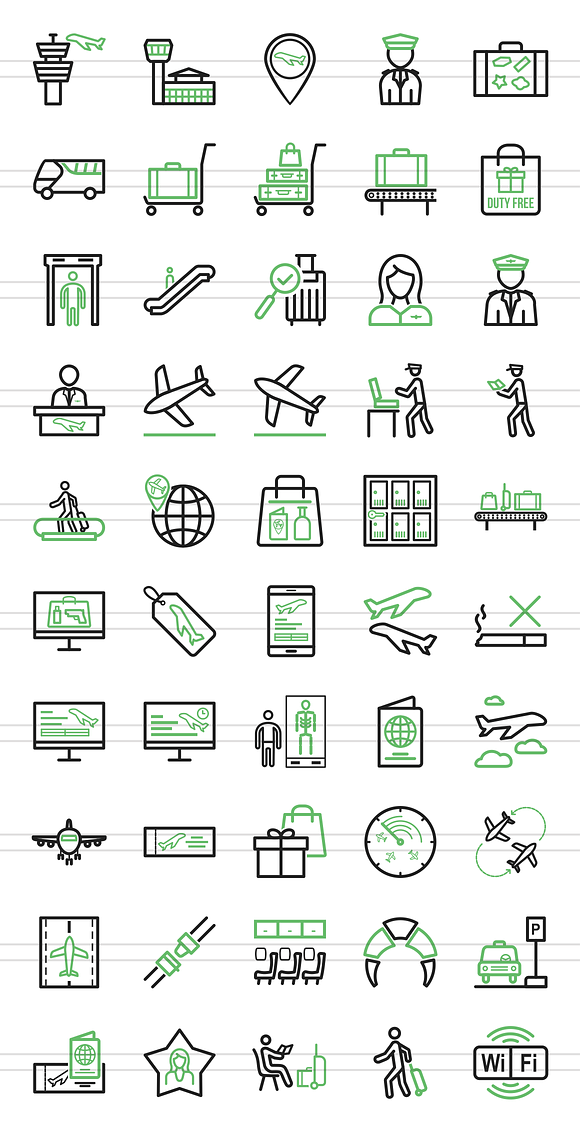 50 Airport Line Green & Black Icons in Graphics - product preview 1