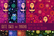 Pandas and owls seamless patterns