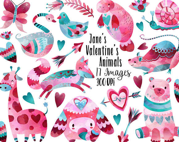 Valentines Day Animals Clipart in Illustrations - product preview 1