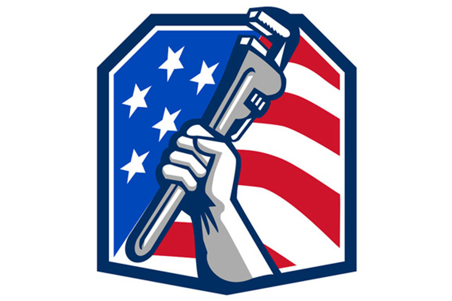 Plumber Hand Pipe Wrench USA Flag  in Illustrations - product preview 8