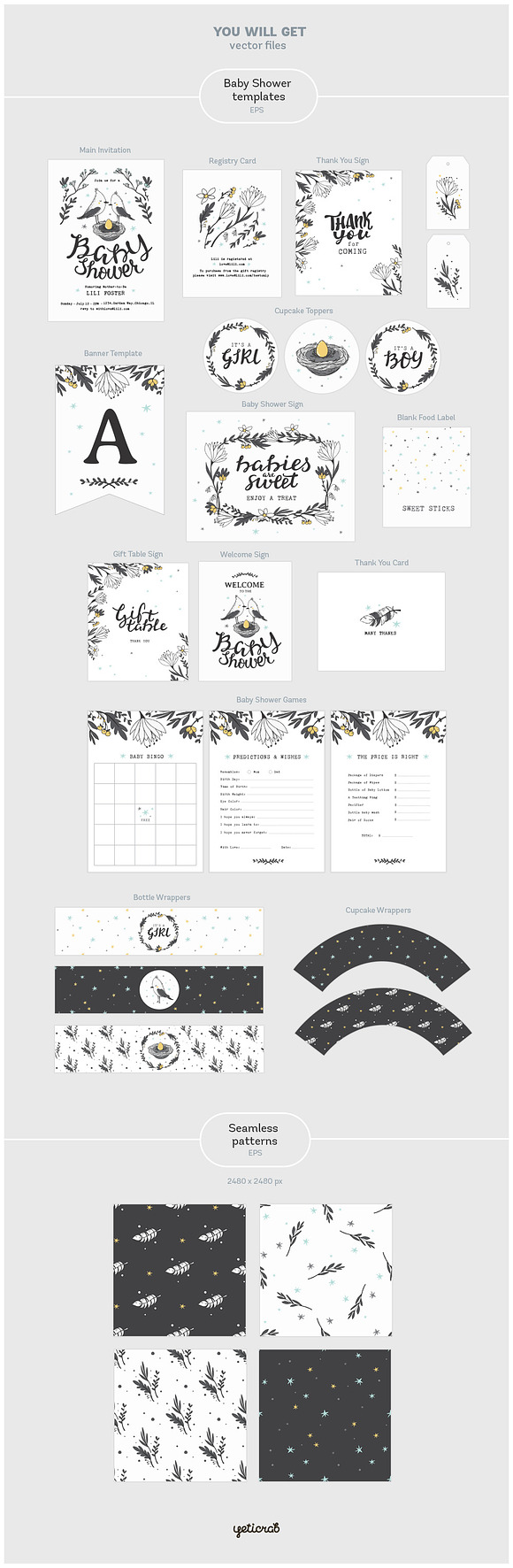 Baby Shower Kit • Birds & Flowers in Card Templates - product preview 5