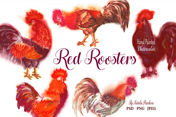 Red Watercolor Roosters