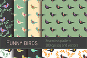 Funny birds seamless patterns