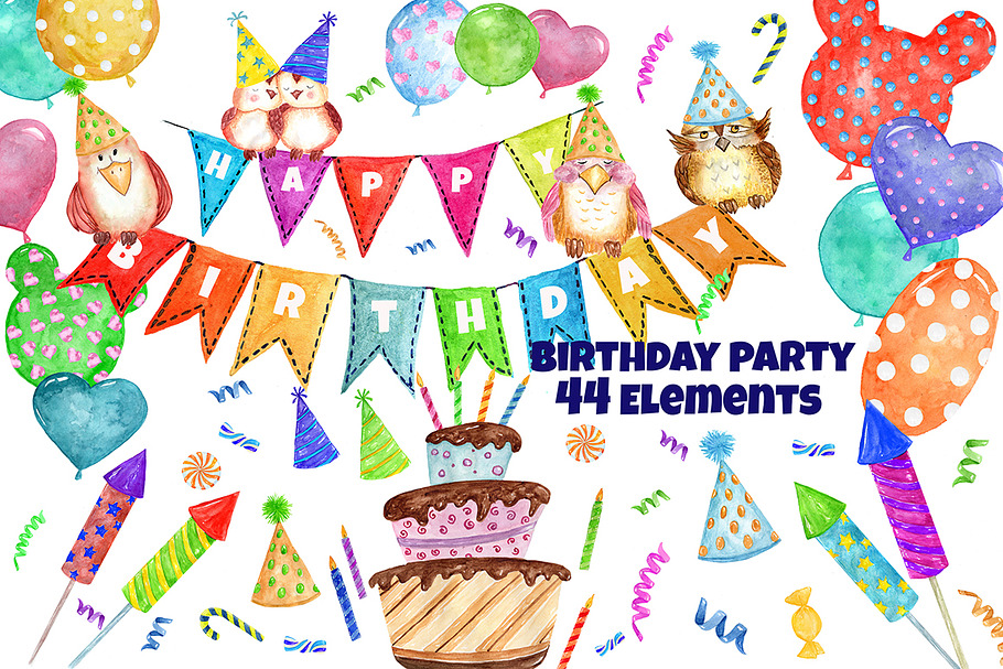 Watercolor Birthday Party Clipart