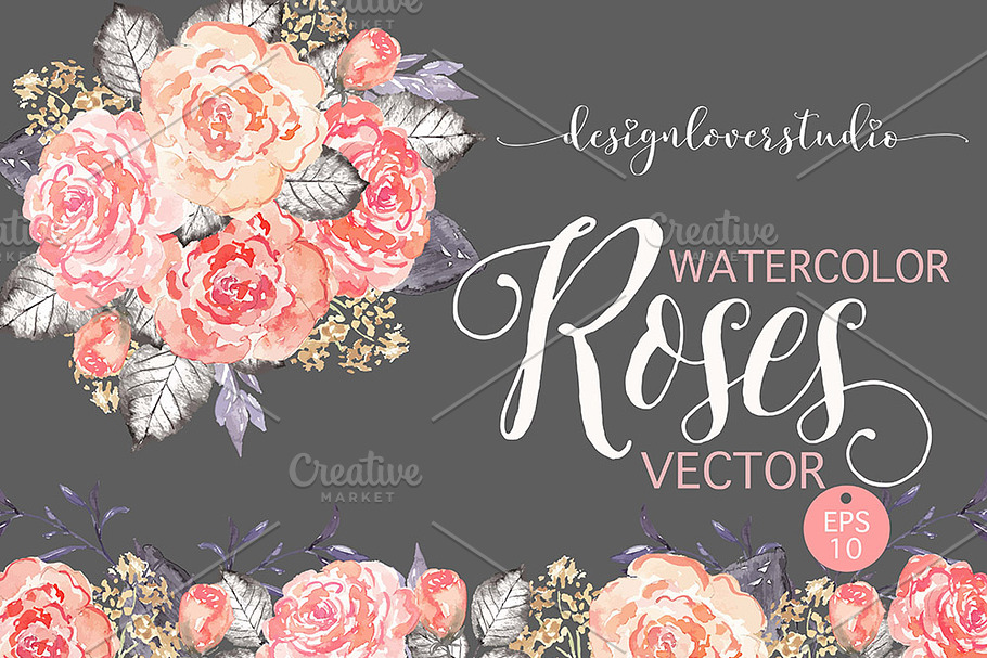 Vector watercolor coral red roses in Illustrations - product preview 8