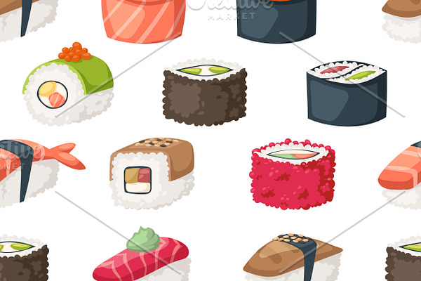 Sushi and rolls seamless pattern