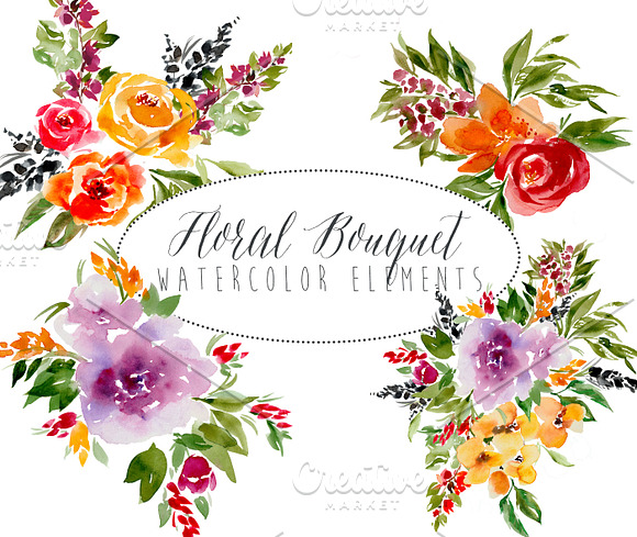Floral Bouquet Watercolor Elements in Illustrations - product preview 1