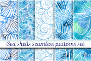 Sea shells seamless patterns set