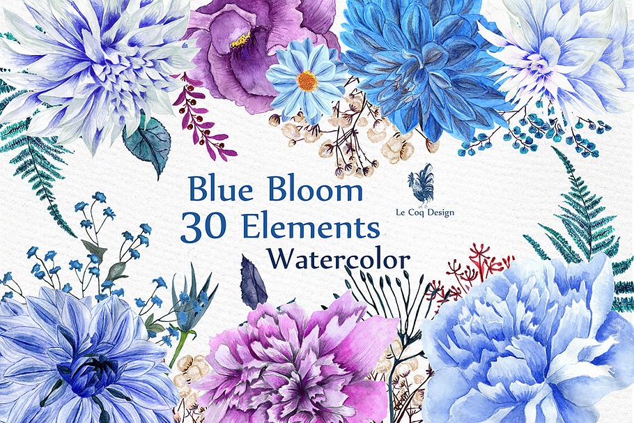 Watercolor Blue Flowers Clipart in Illustrations - product preview 8