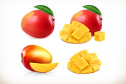 Mango, whole and slices, vector set