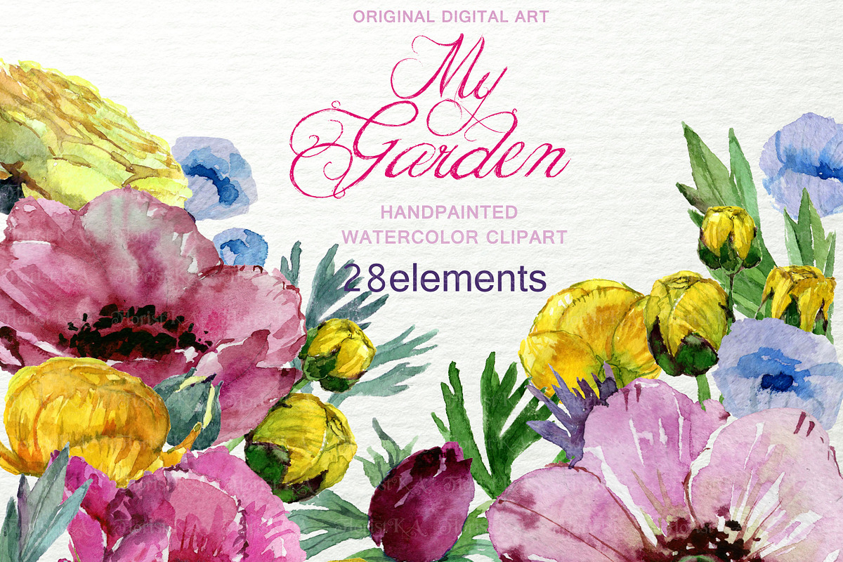 My Garden Watercolor Floral Clip art in Objects - product preview 8