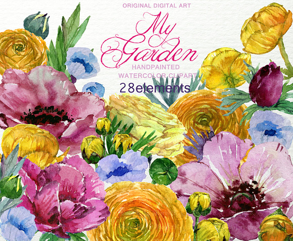 My Garden Watercolor Floral Clip art in Objects - product preview 1