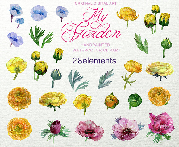 My Garden Watercolor Floral Clip art in Objects - product preview 2