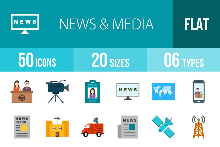 50 News&Media Flat Multicolor Icons in Graphics - product preview 8
