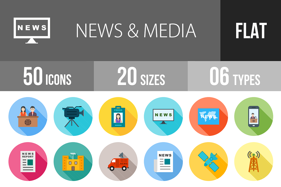 50 News & Media Flat Shadowed Icons