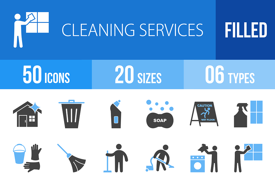 50 Cleaning Blue & Black Icons