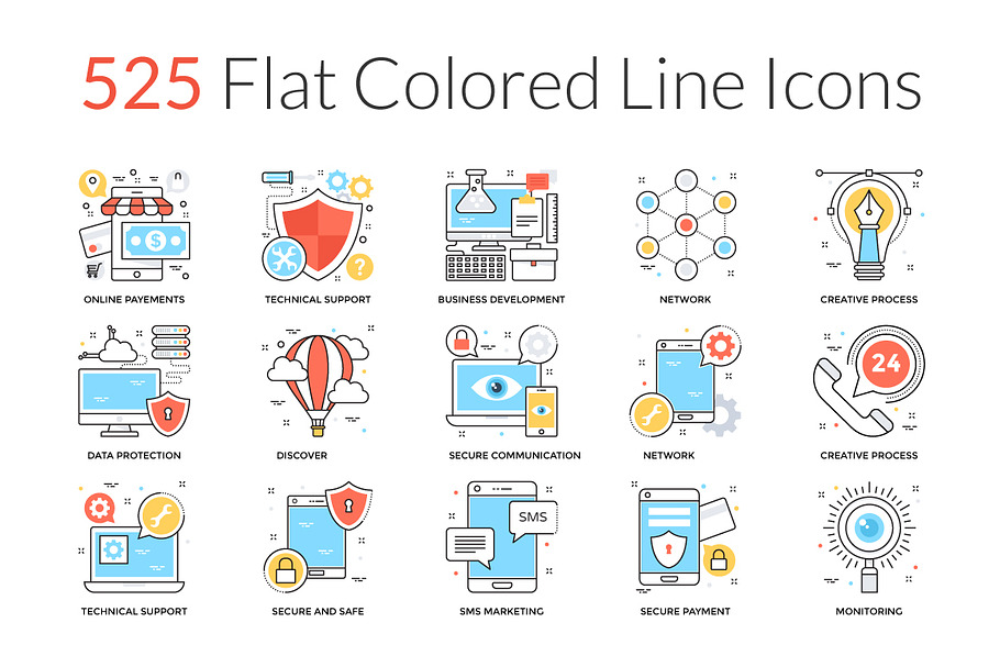 525 Flat Colored Line Icons in Server Icons - product preview 8
