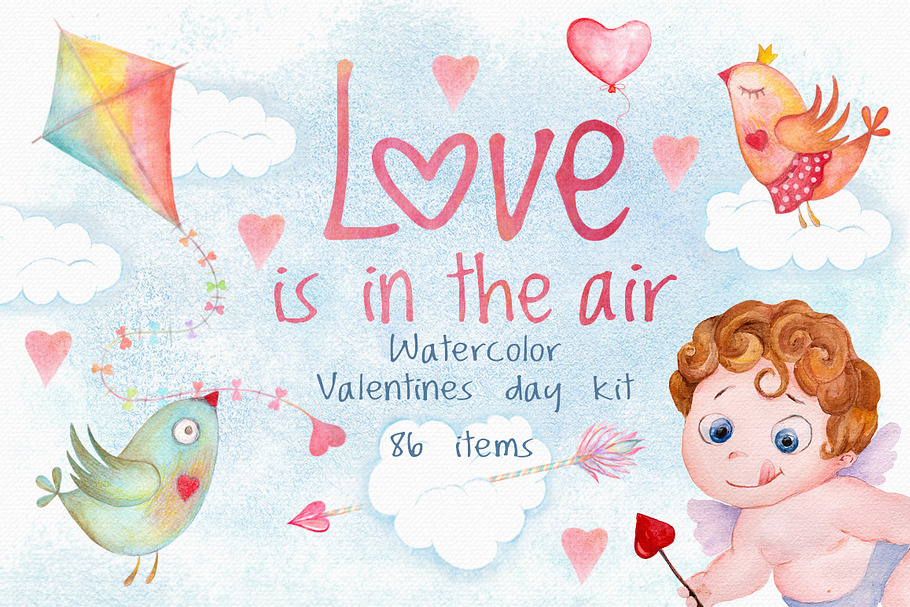 Valentines day love watercolor set in Illustrations - product preview 8