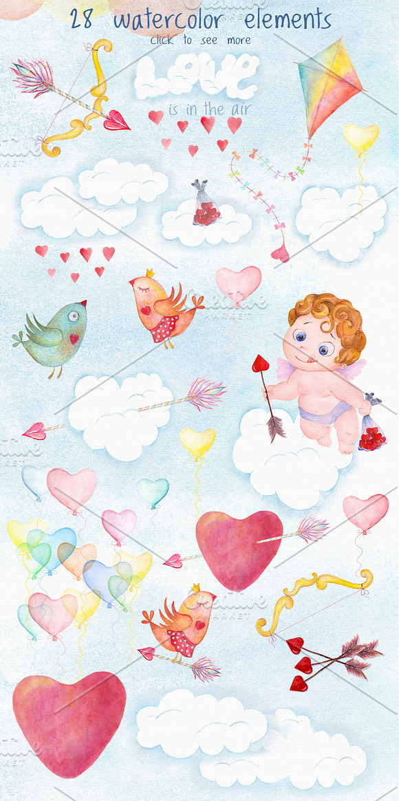 Valentines day love watercolor set in Illustrations - product preview 1