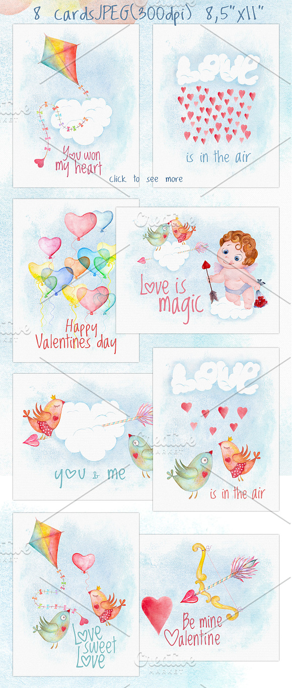 Valentines day love watercolor set in Illustrations - product preview 3