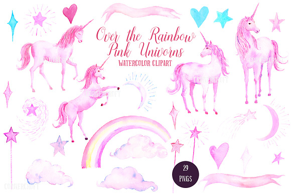 Watercolor Pink Unicorns in Illustrations - product preview 1
