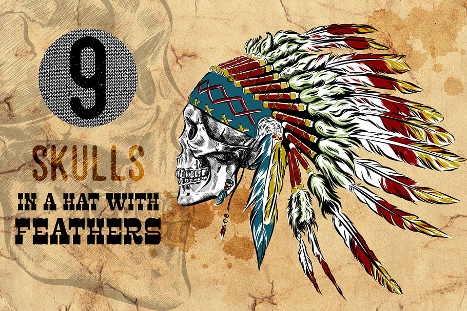 skulls in a hat with feathers. in Illustrations - product preview 8