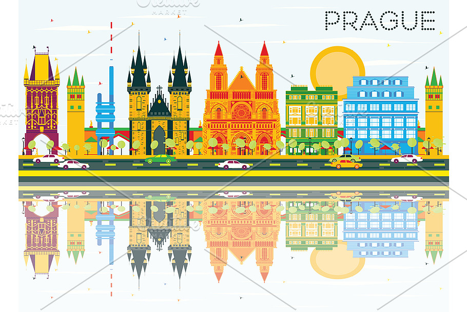 Prague Skyline with Color Buildings in Illustrations - product preview 8
