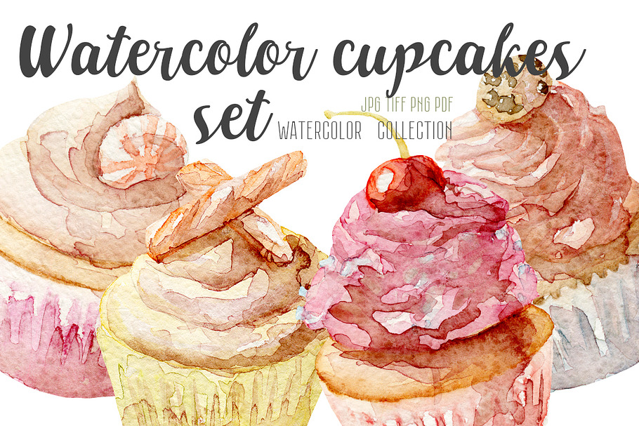 Watercolor set of 4 cupcakes
