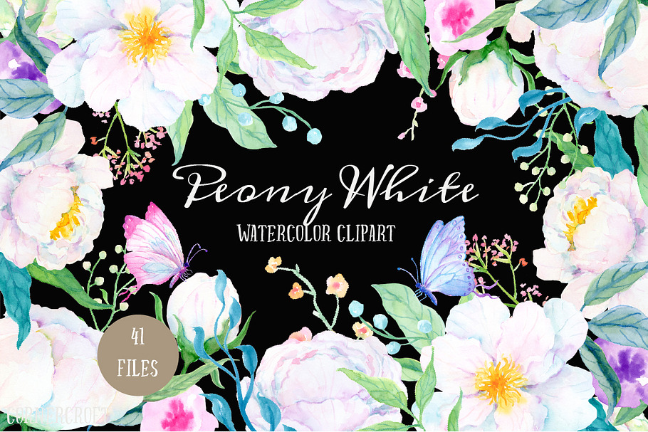 Watercolor Clipart Peony White in Illustrations - product preview 8