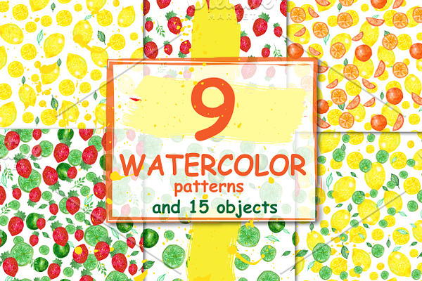 Watercolor patterns. Citrus, berries
