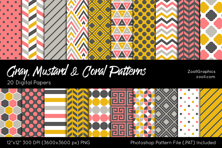 Gray, Mustard & Coral Digital Papers