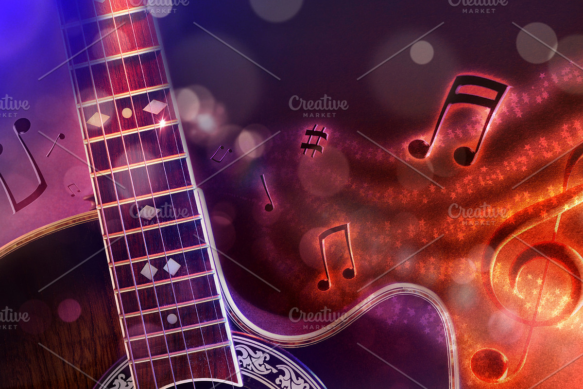 Guitar and notes black horizontal in Illustrations - product preview 8